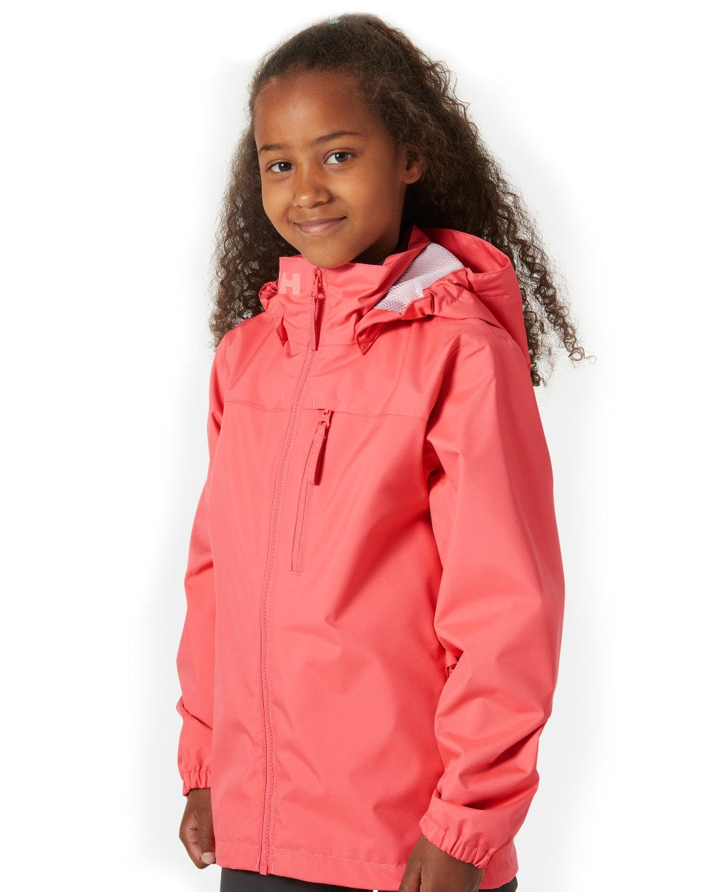 Sunset Pink Coloured Helly Hansen Childrens Crew Hooded Jacket On A White Background 