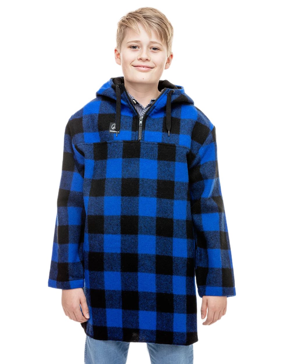 Blue Black Check coloured Swanndri Kids Brixton V2 Wool Bushshirt on white background 