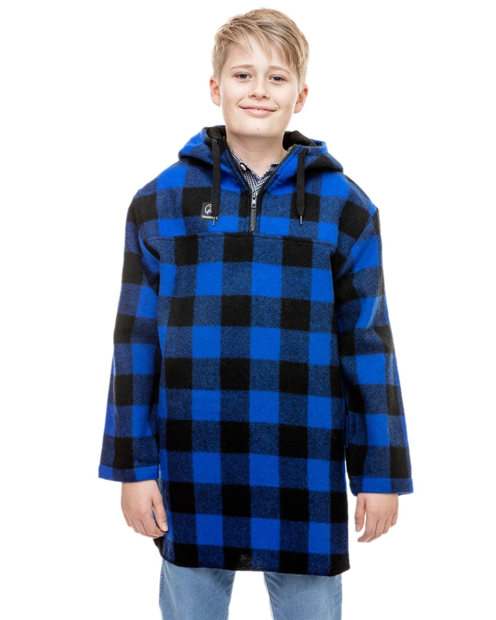 Blue Black Check Coloured Swanndri Kids Brixton Wool Bushshirt on white background 