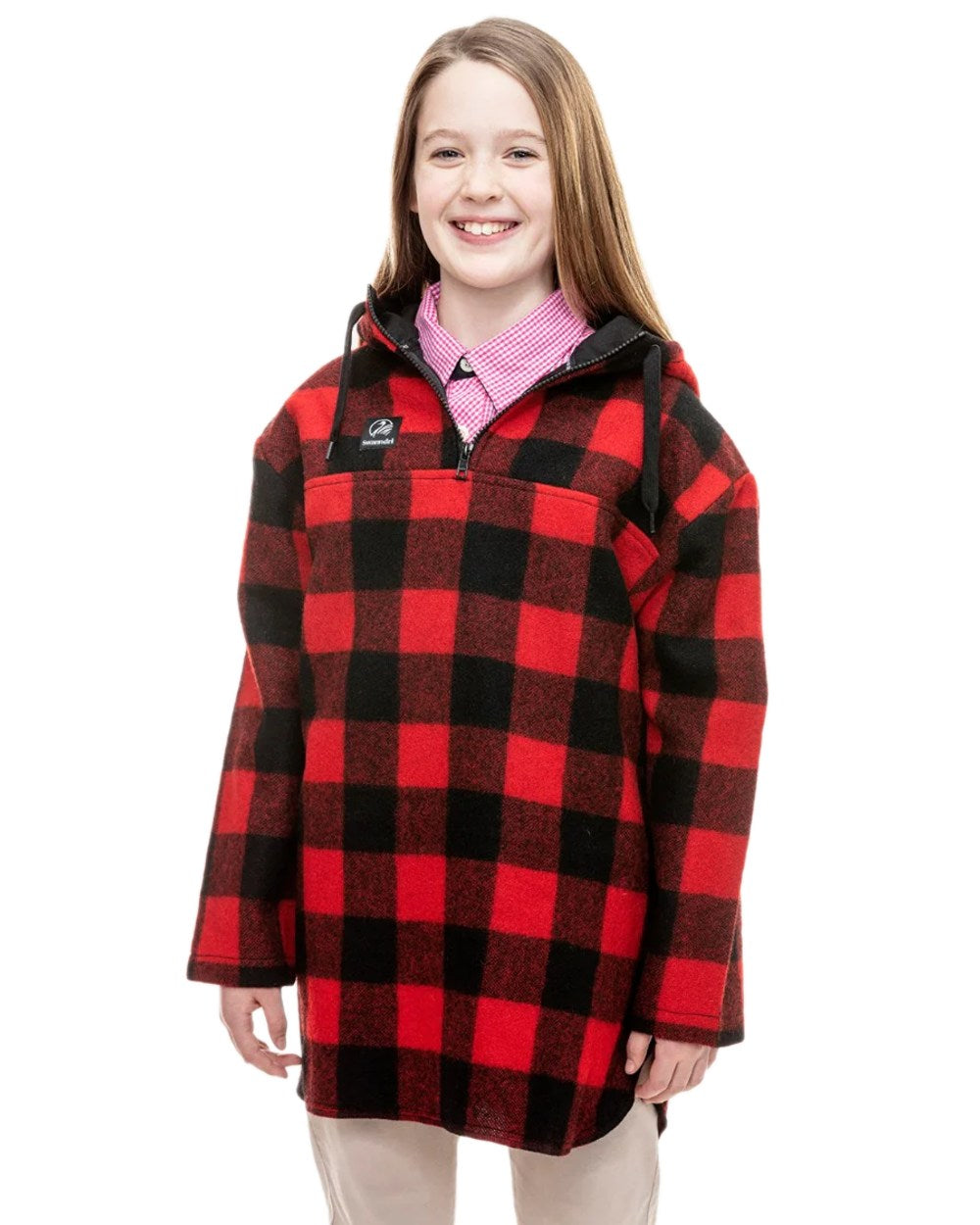 Red Black Check Coloured Swanndri Kids Brixton Wool Bushshirt on white background 