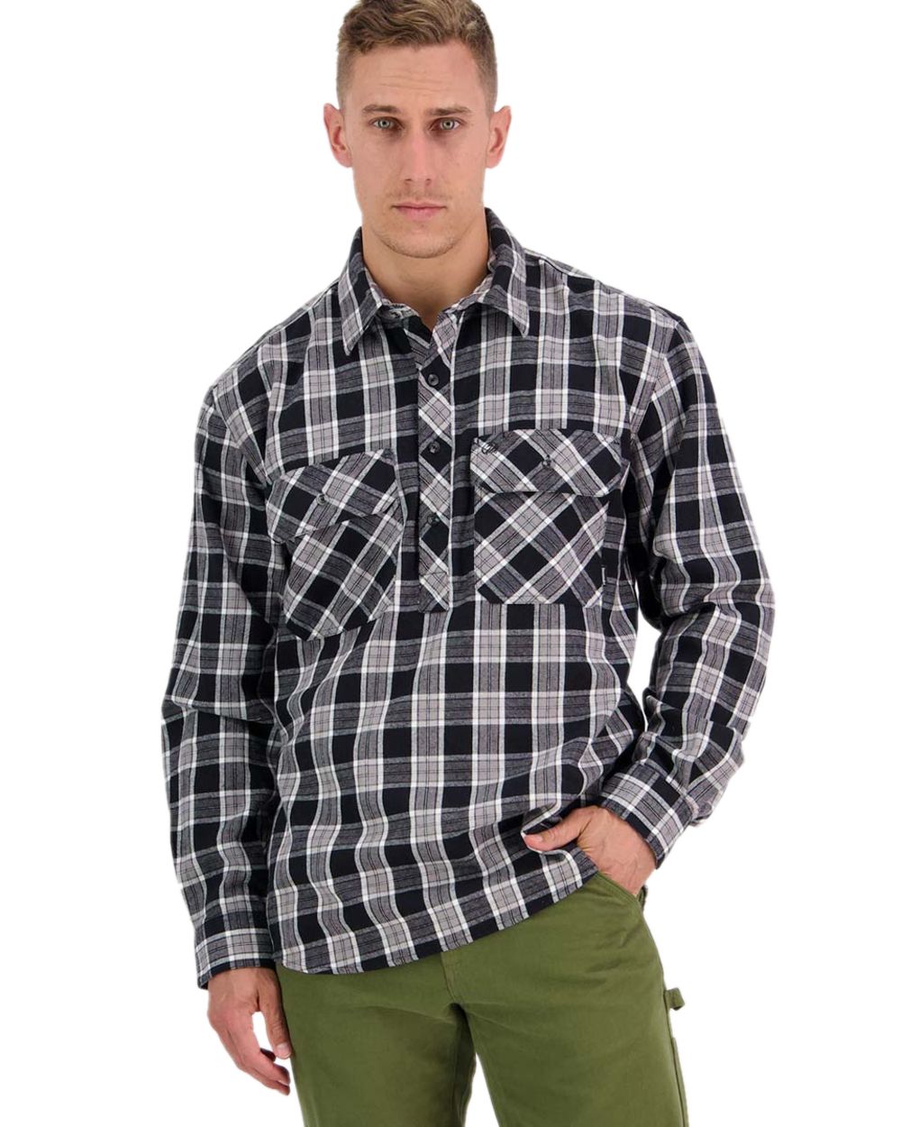 Black Coloured Swanndri Mens Barn Shirt on white background 