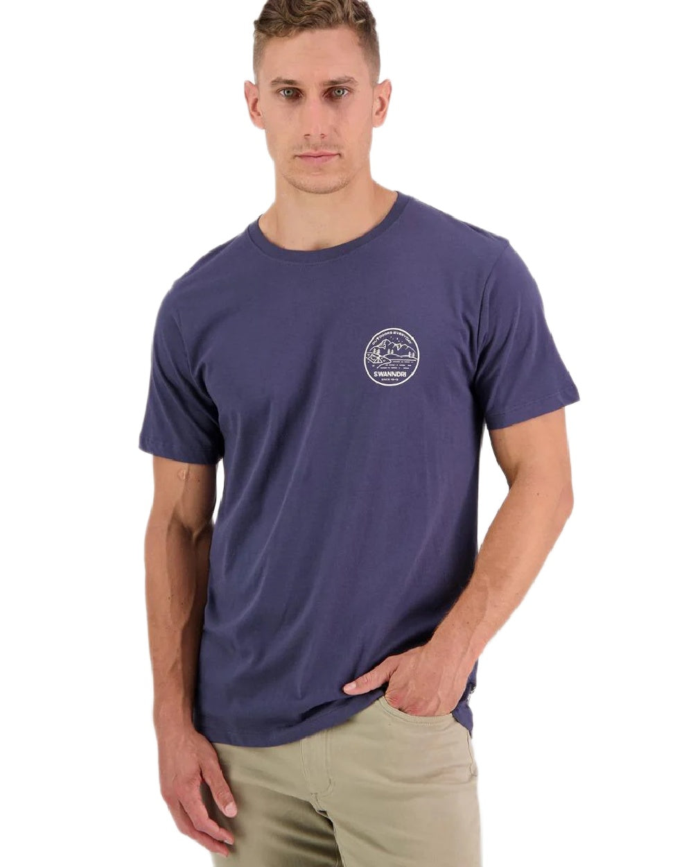 Steel Blue Coloured Swanndri Mens Barton Printed T-Shirt on white background 