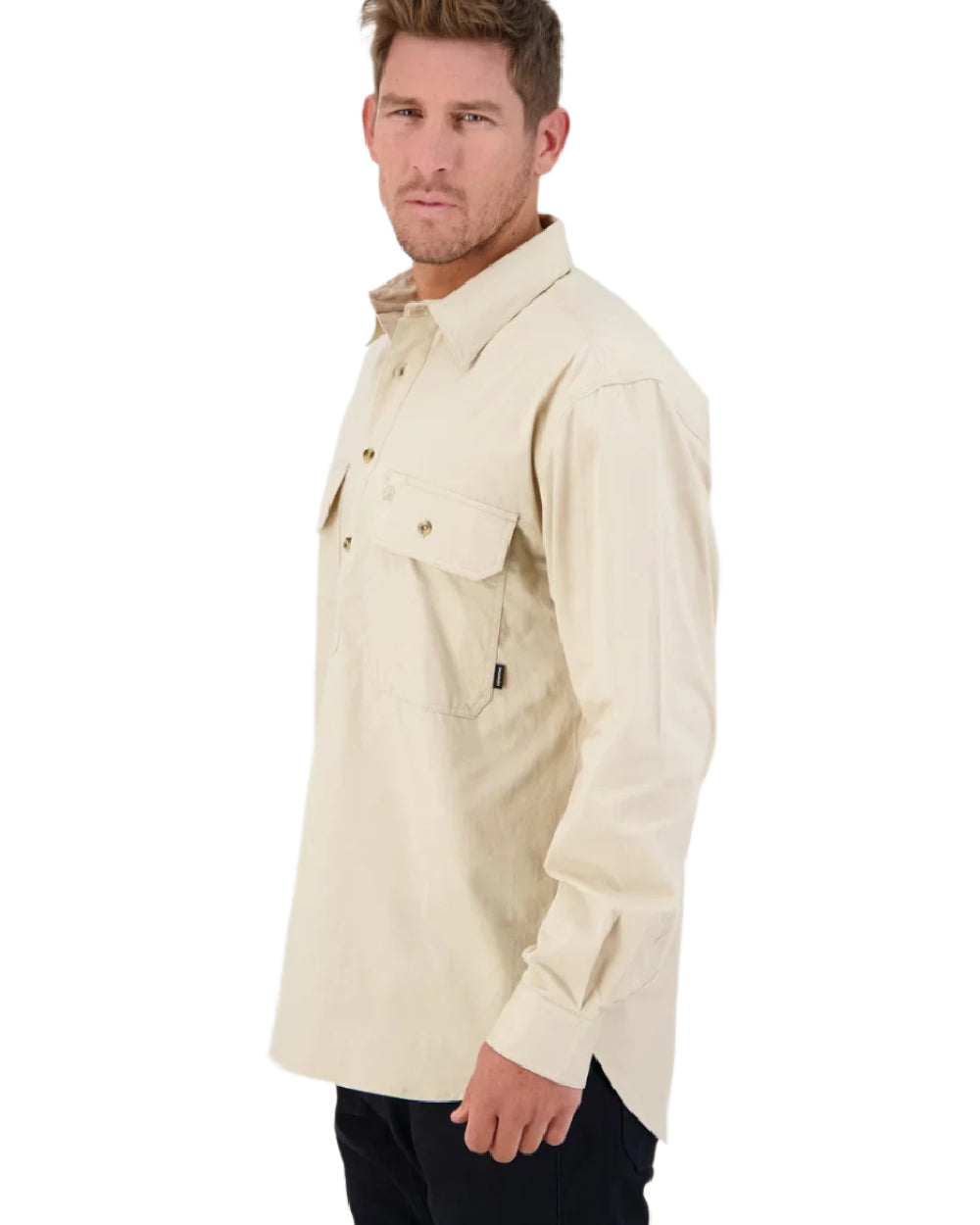 Bone Coloured Swanndri Mens Bendigo Long Sleeve Work Shirt on white background 
