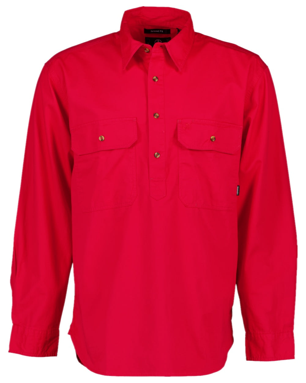 Bright Red Coloured Swanndri Mens Bendigo Long Sleeve Work Shirt on white background 