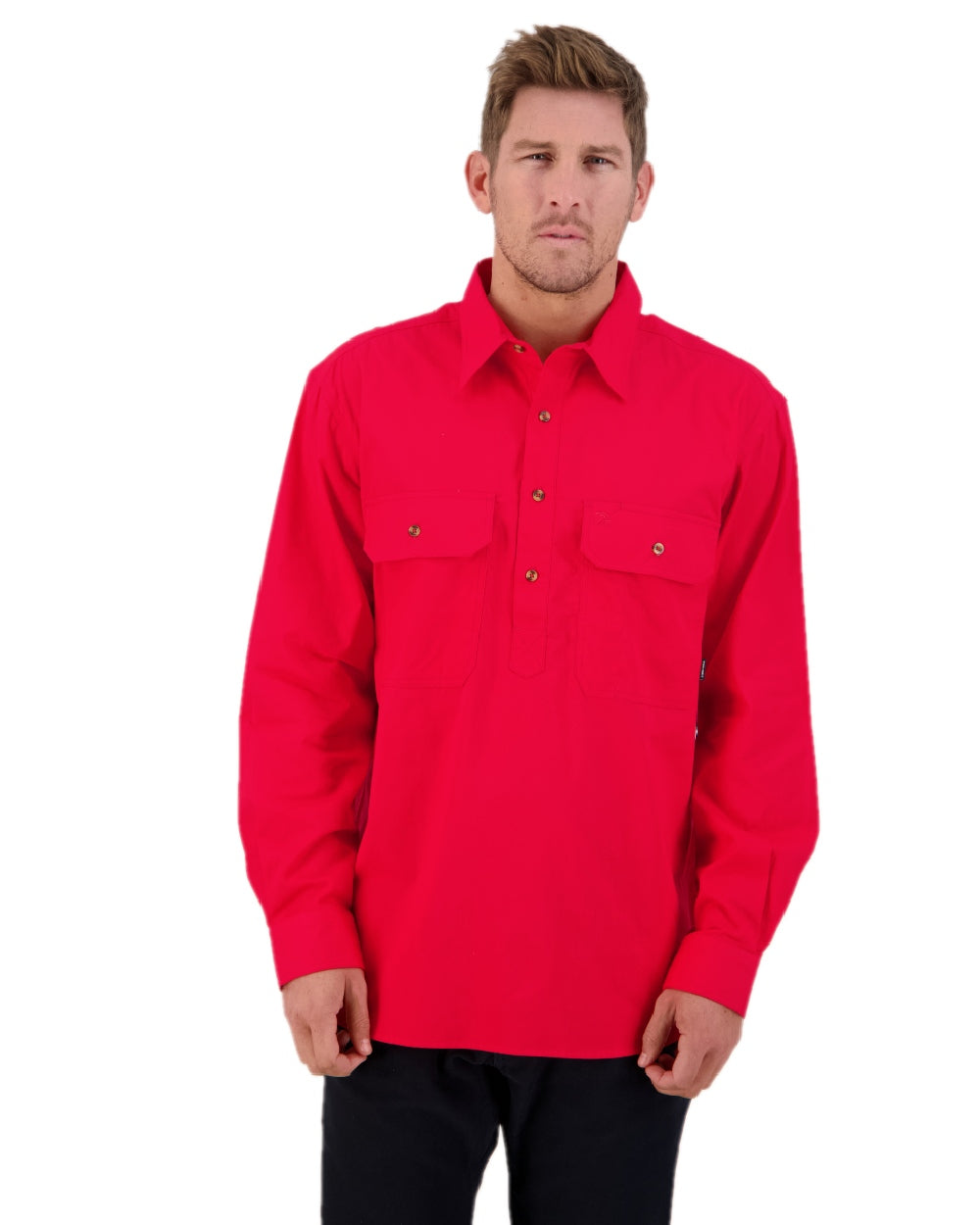 Bright Red Coloured Swanndri Mens Bendigo Long Sleeve Work Shirt on white background 
