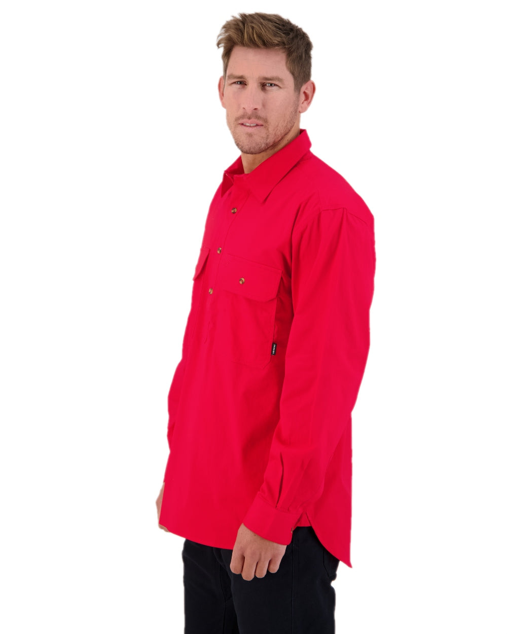 Bright Red Coloured Swanndri Mens Bendigo Long Sleeve Work Shirt on white background 