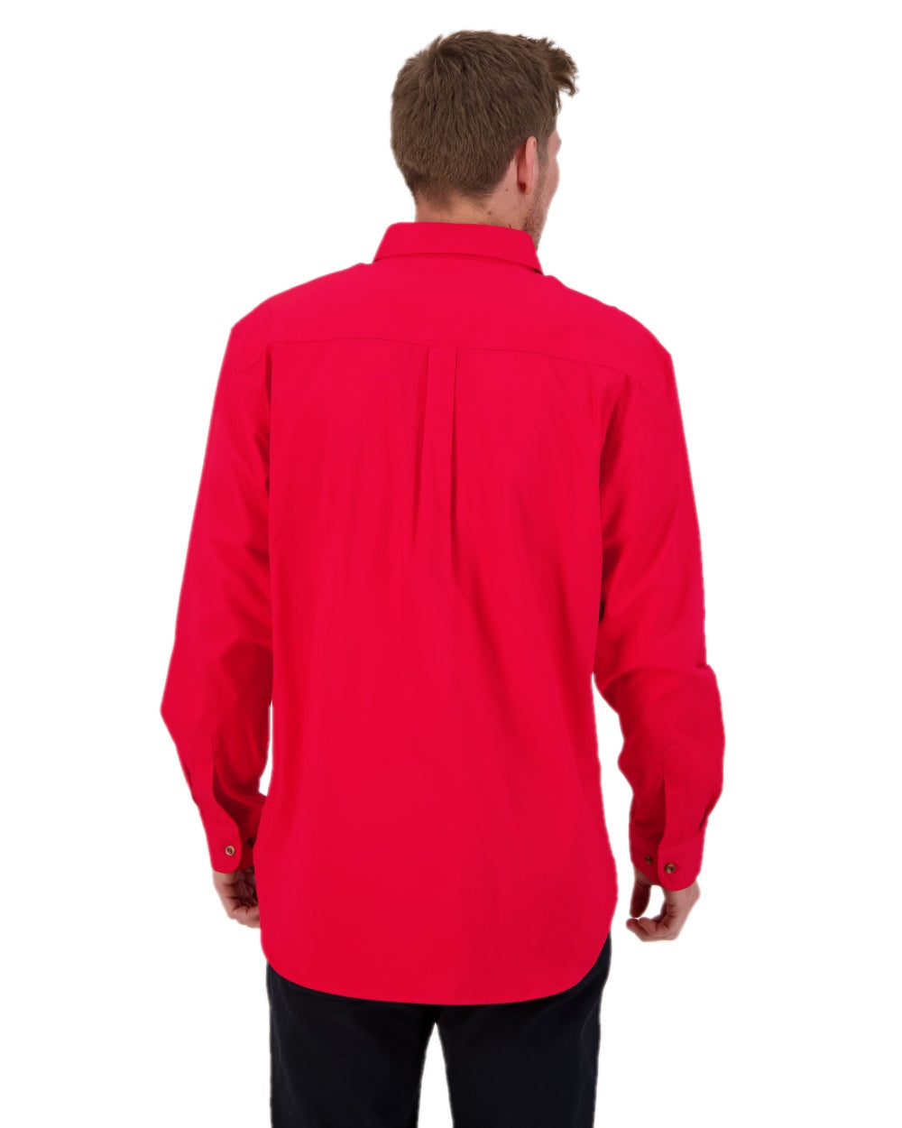 Bright Red Coloured Swanndri Mens Bendigo Long Sleeve Work Shirt on white background 
