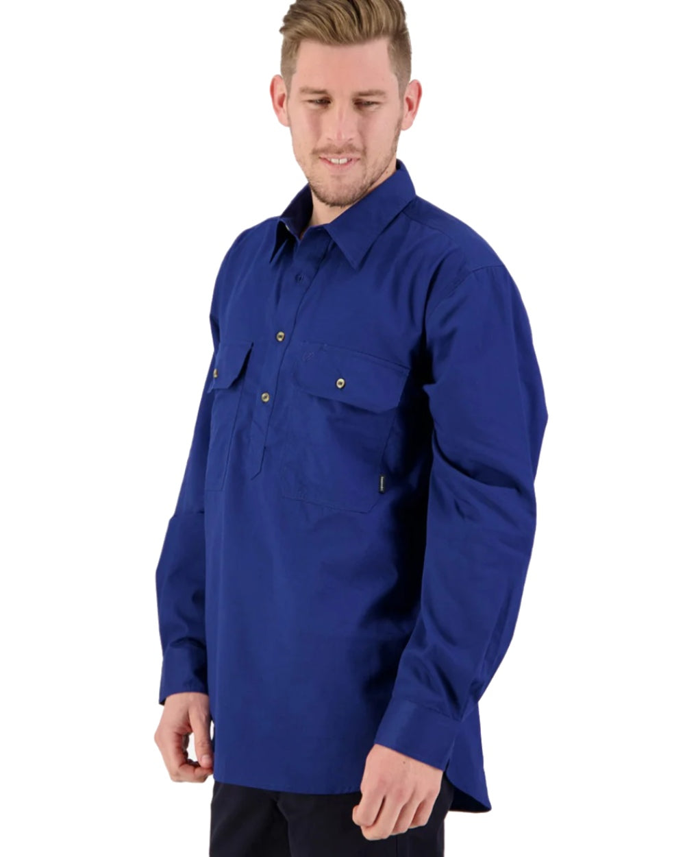 Navy Coloured Swanndri Mens Bendigo Long Sleeve Work Shirt on white background 