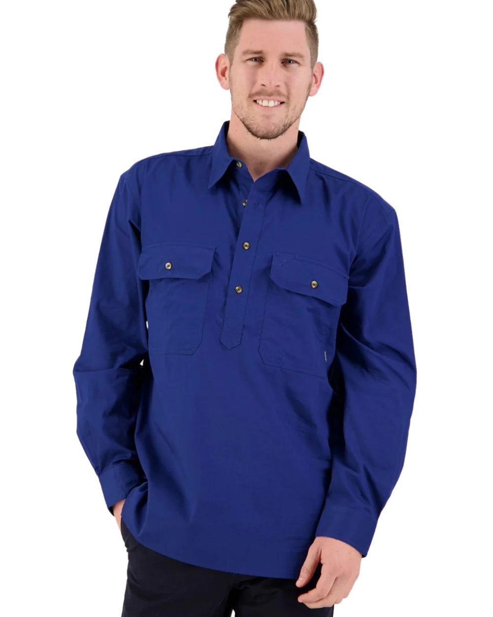 Navy Coloured Swanndri Mens Bendigo Long Sleeve Work Shirt on white background 
