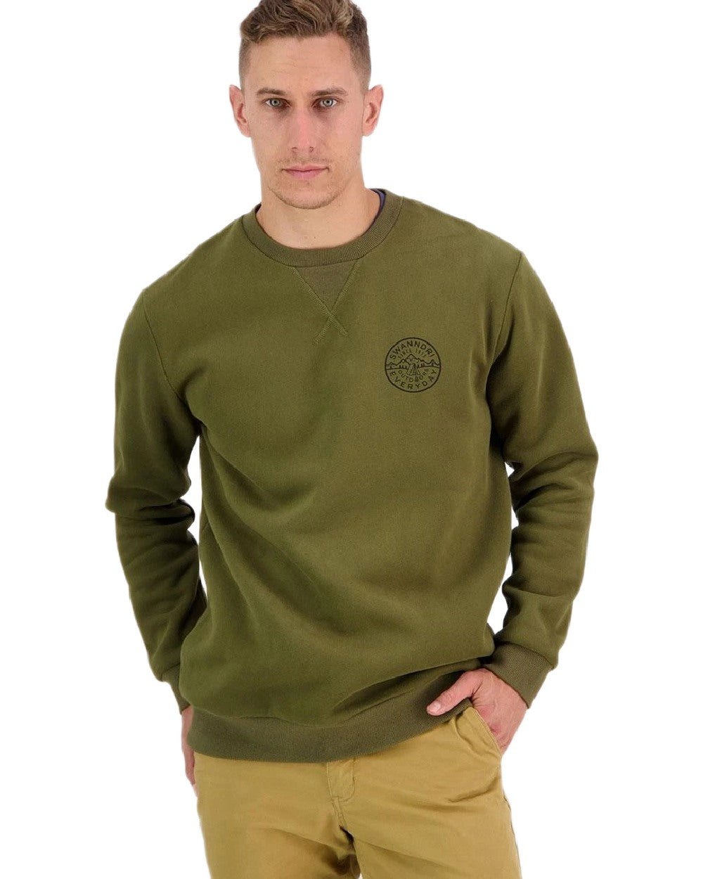 Khaki Coloured Swanndri Mens Camp Crew Fleece on white background 