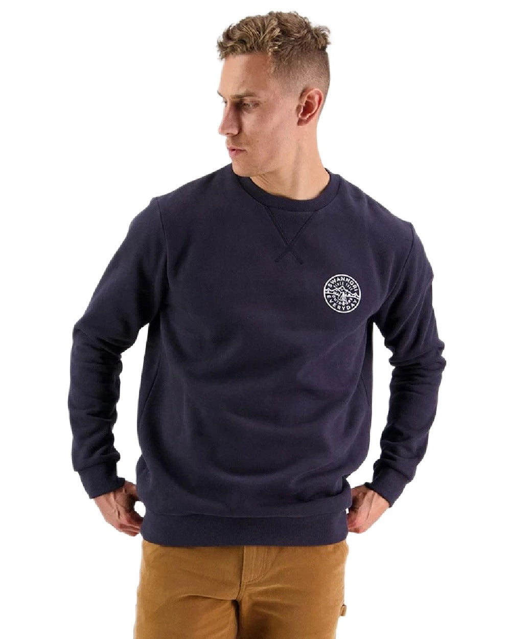 Navy Coloured Swanndri Mens Camp Crew Fleece on white background 