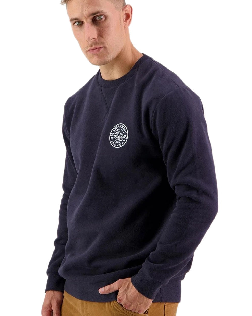Navy Coloured Swanndri Mens Camp Crew Fleece on white background 