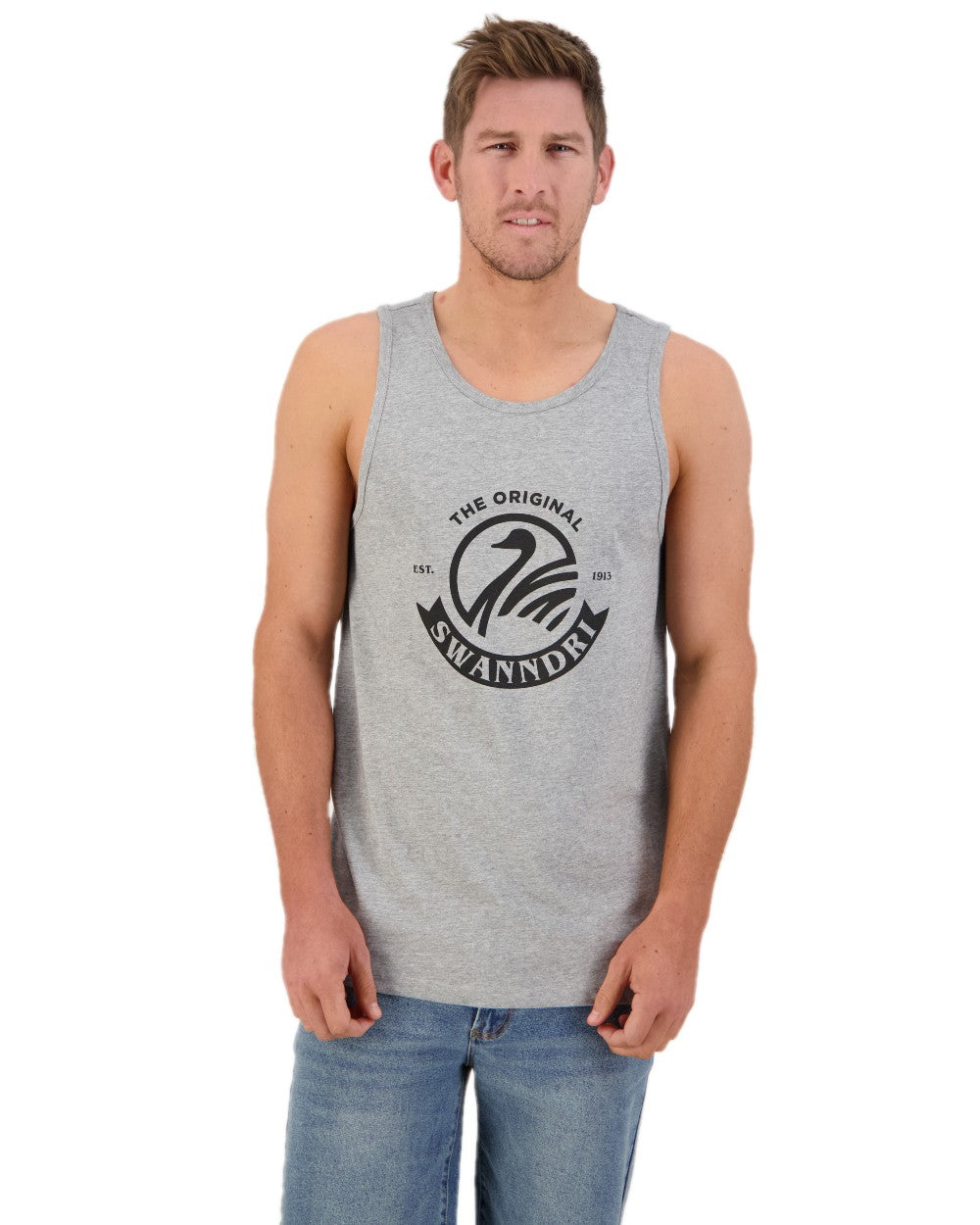Grey Marle Black Coloured Swanndri Mens Classic Singlet on white background 