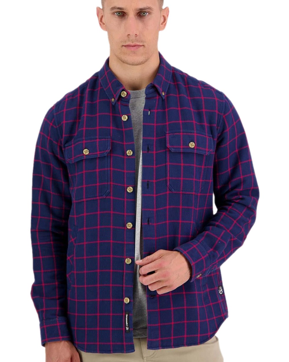 Red Coloured Swanndri Mens Emerson St Long Sleeve Shirt on white background 