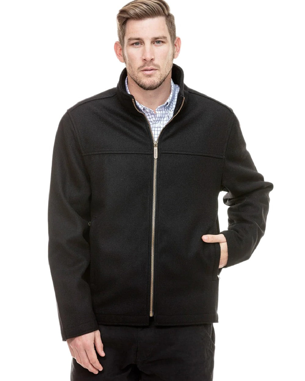 Black Coloured Swanndri Mens Falcon Wool Jacket on white background 