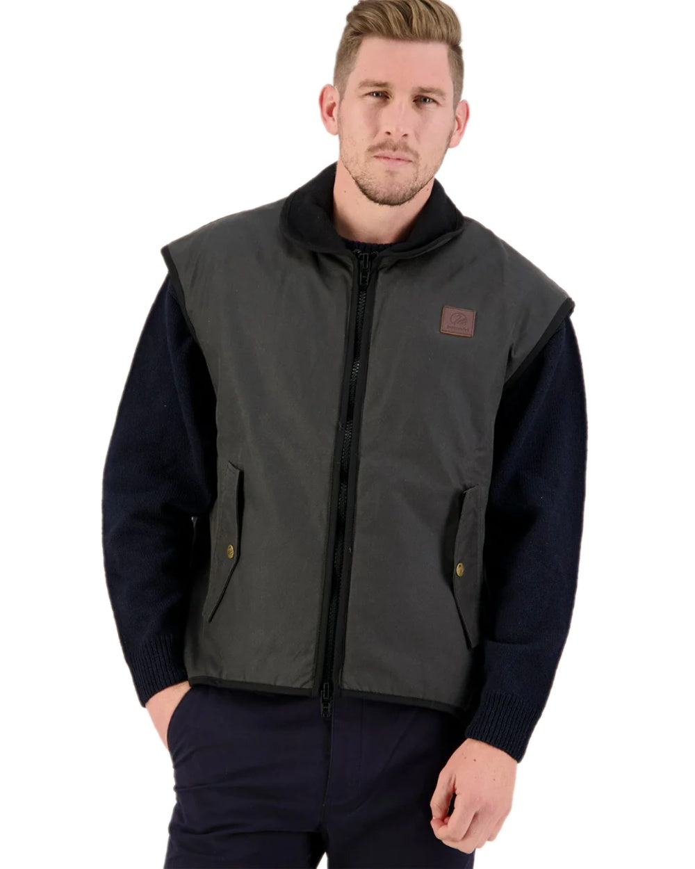 Brown Coloured Swanndri Mens Foxton Oilskin Vest with Wool Lining on white background 