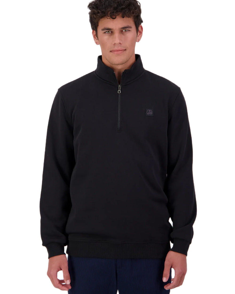 Black coloured Swanndri Mens Fundamentals Quarter Zip Sweatshirt on white background 