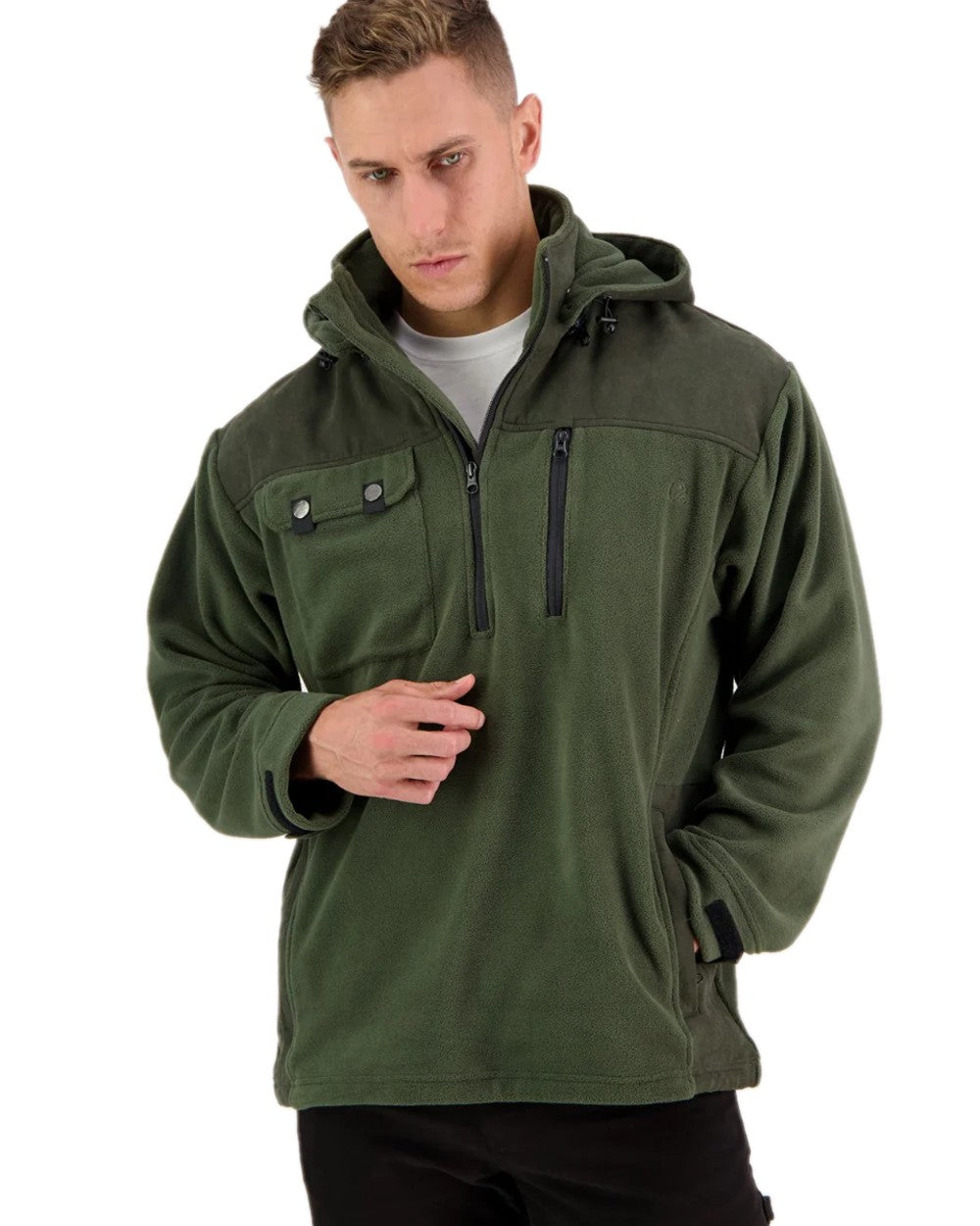Olive Coloured Swanndri Mens High Rock Technical Fleece Hoodie on white background 