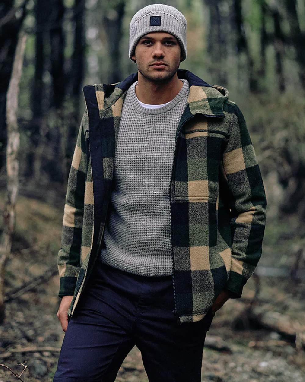 Yellowstone Check Coloured Swanndri Mens Hudson Wool Hoodie on outdoor background 