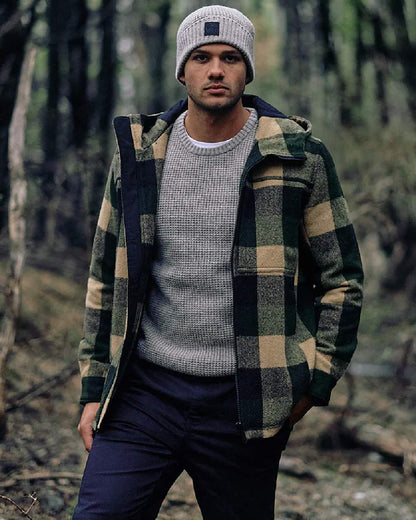 Yellowstone Check Coloured Swanndri Mens Hudson Wool Hoodie on outdoor background 