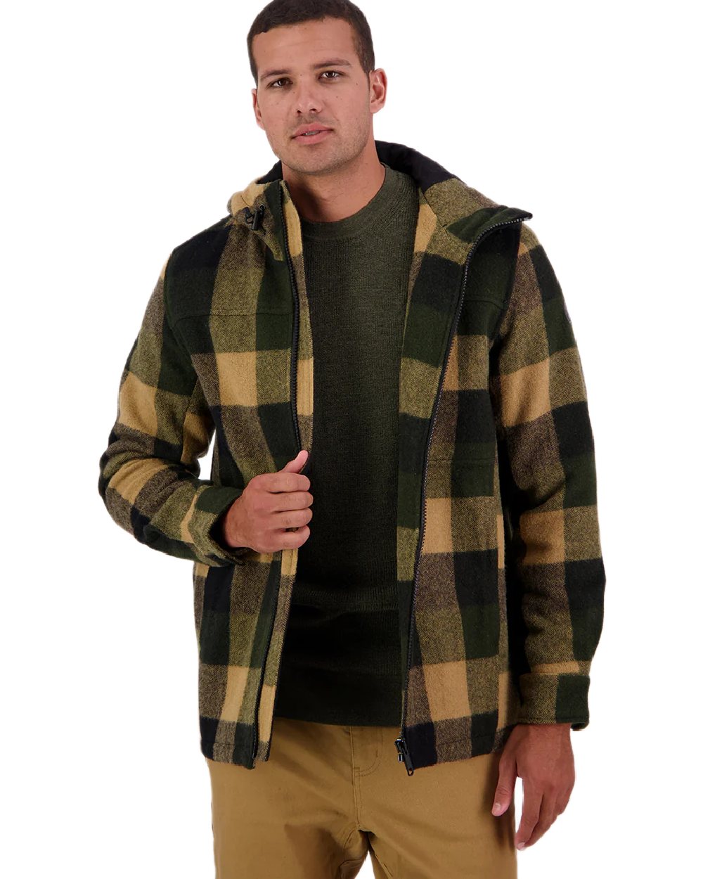 Yellowstone Check Coloured Swanndri Mens Hudson Wool Hoodie on white background 
