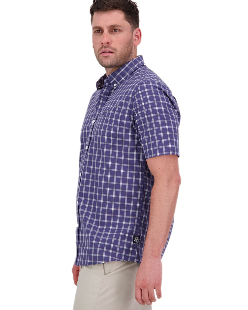 Indigo Check Coloured Swanndri Mens Lancewood Short Sleeve Shirt on white background 