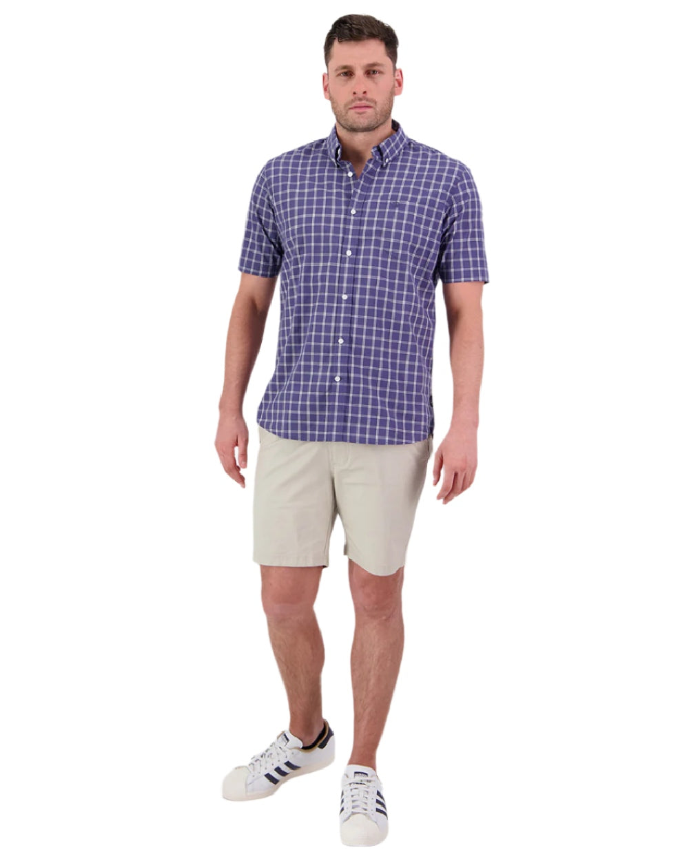 Indigo Check Coloured Swanndri Mens Lancewood Short Sleeve Shirt on white background 