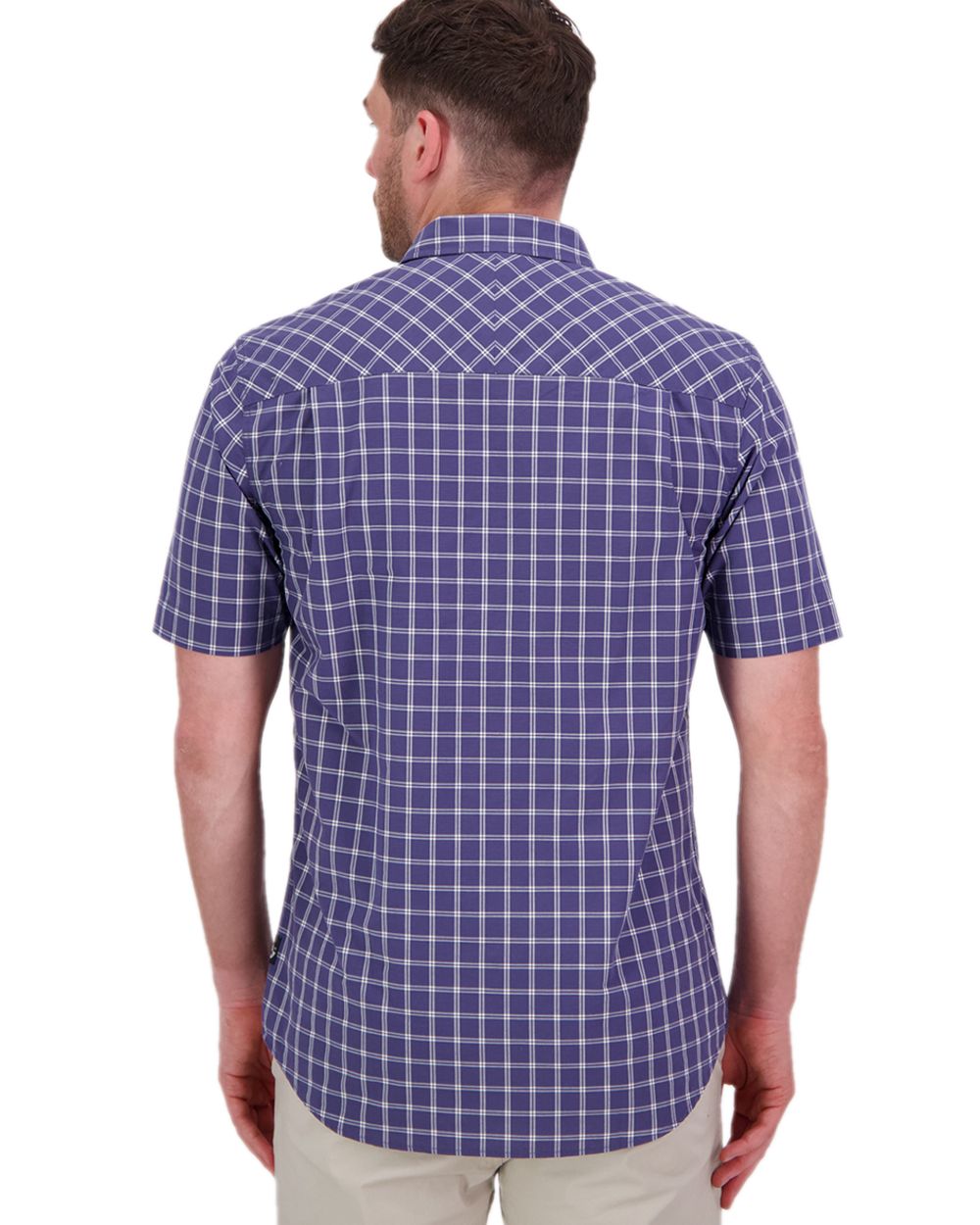 Indigo Check Coloured Swanndri Mens Lancewood Short Sleeve Shirt on white background 