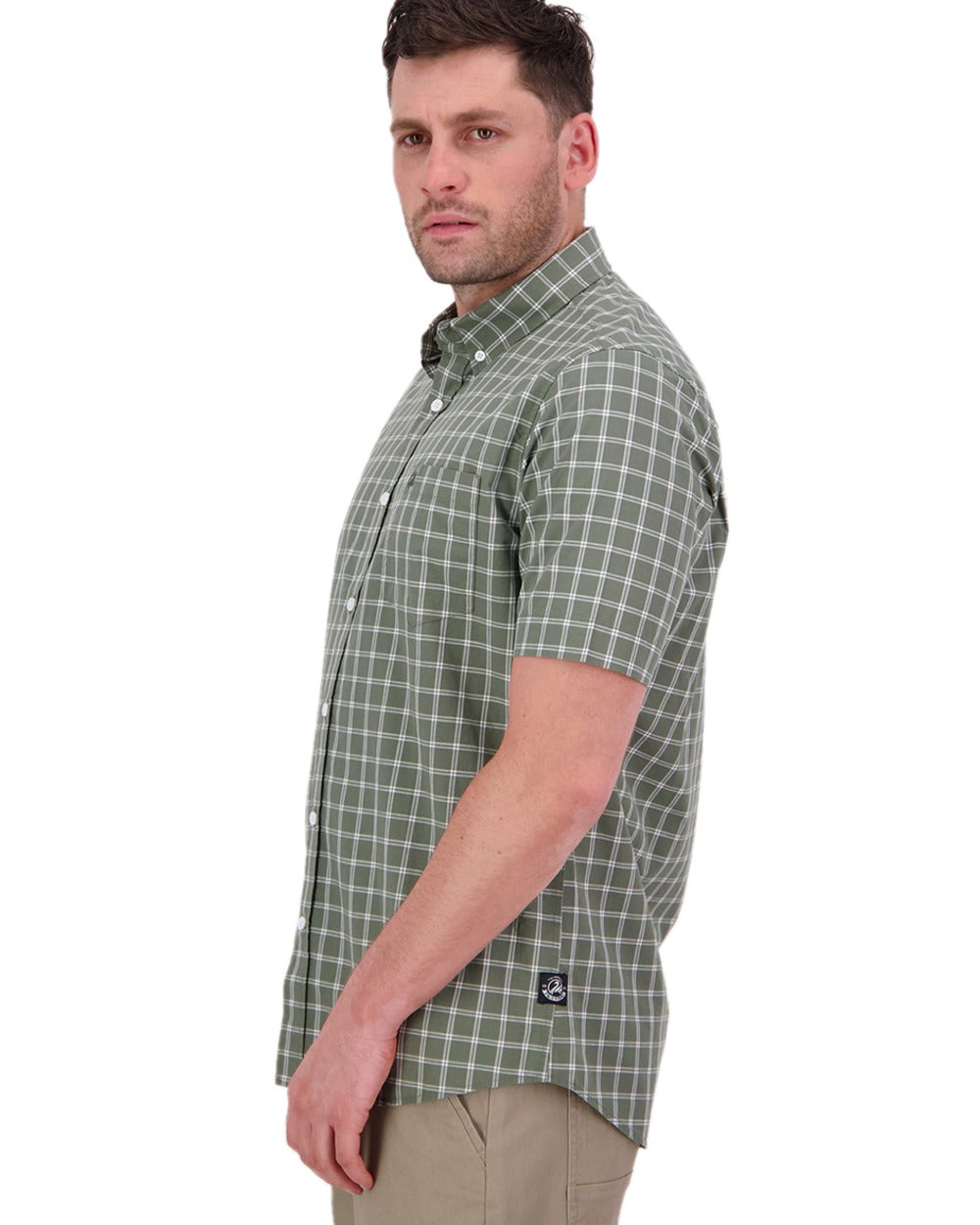 Olive Check Coloured Swanndri Mens Lancewood Short Sleeve Shirt on white background 
