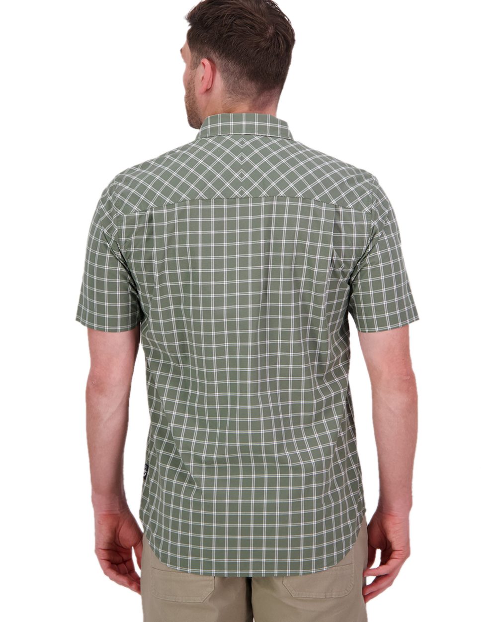 Olive Check Coloured Swanndri Mens Lancewood Short Sleeve Shirt on white background 