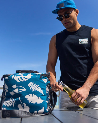 Black Coloured Swanndri Mens Lindis Printed Tank on outdoor background 