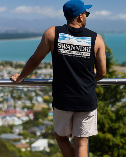 Black Coloured Swanndri Mens Lindis Printed Tank on outdoor background 
