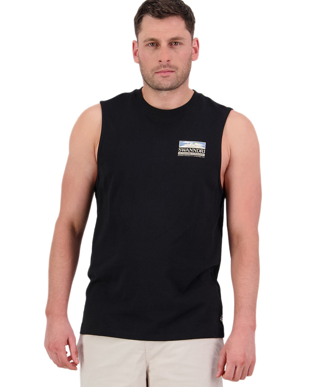 Black Coloured Swanndri Mens Lindis Printed Tank on white background 