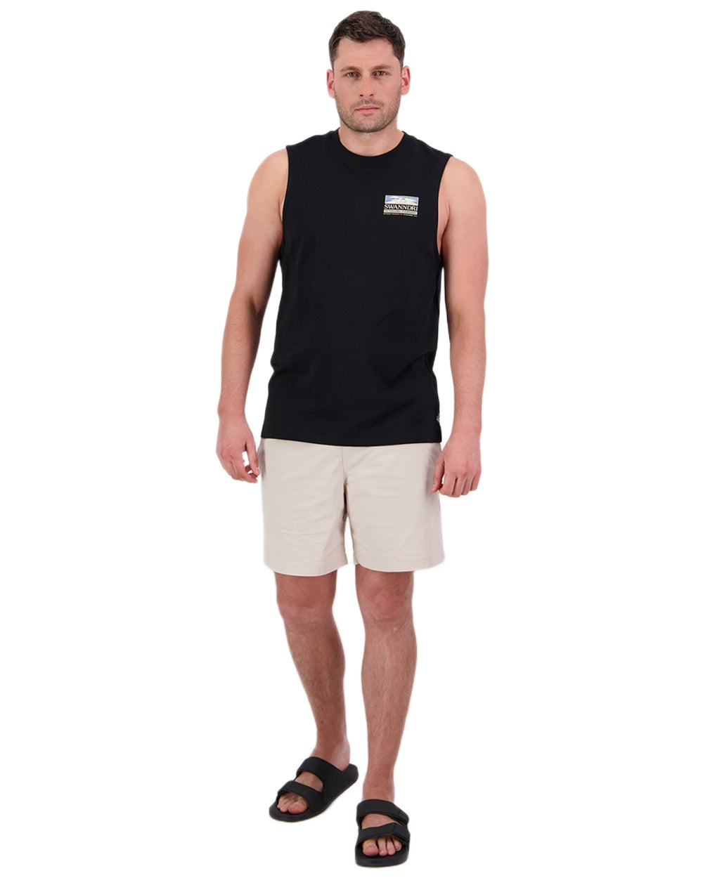 Black Coloured Swanndri Mens Lindis Printed Tank on white background 