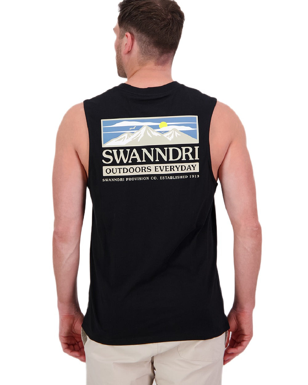 Black Coloured Swanndri Mens Lindis Printed Tank on white background 