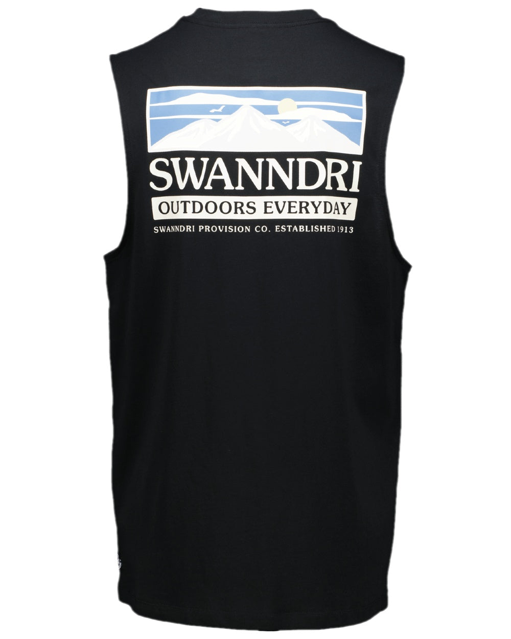 Black Coloured Swanndri Mens Lindis Printed Tank on white background 