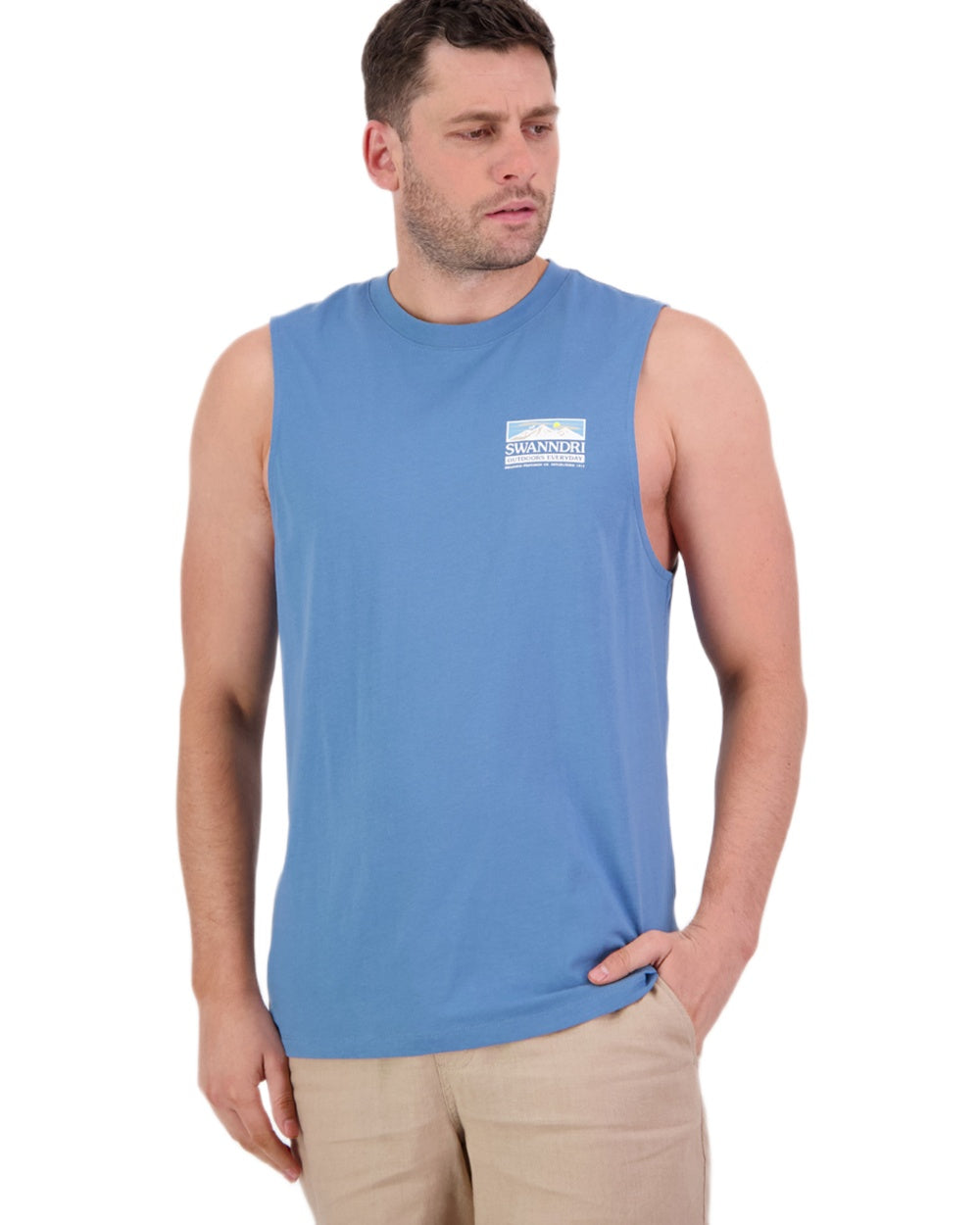 Smoke Blue Coloured Swanndri Mens Lindis Printed Tank on white background 
