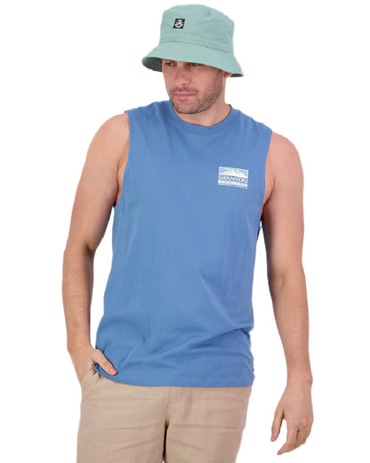 Smoke Blue Coloured Swanndri Mens Lindis Printed Tank on white background 