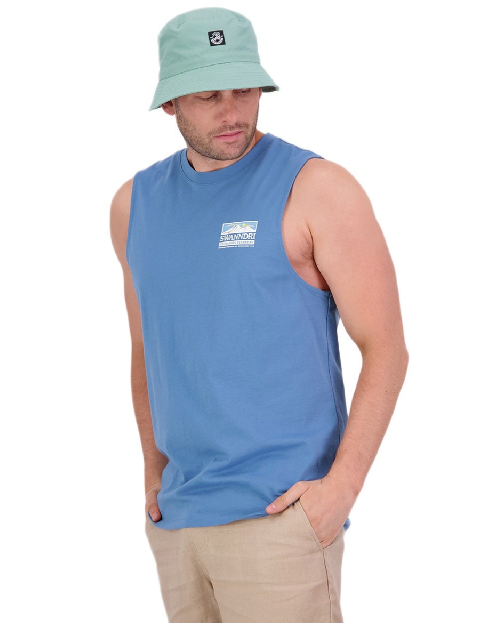 Smoke Blue Coloured Swanndri Mens Lindis Printed Tank on white background 