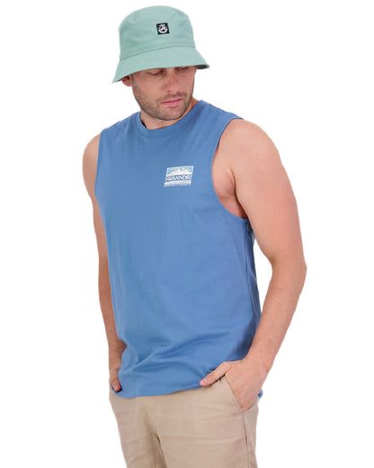 Smoke Blue Coloured Swanndri Mens Lindis Printed Tank on white background 