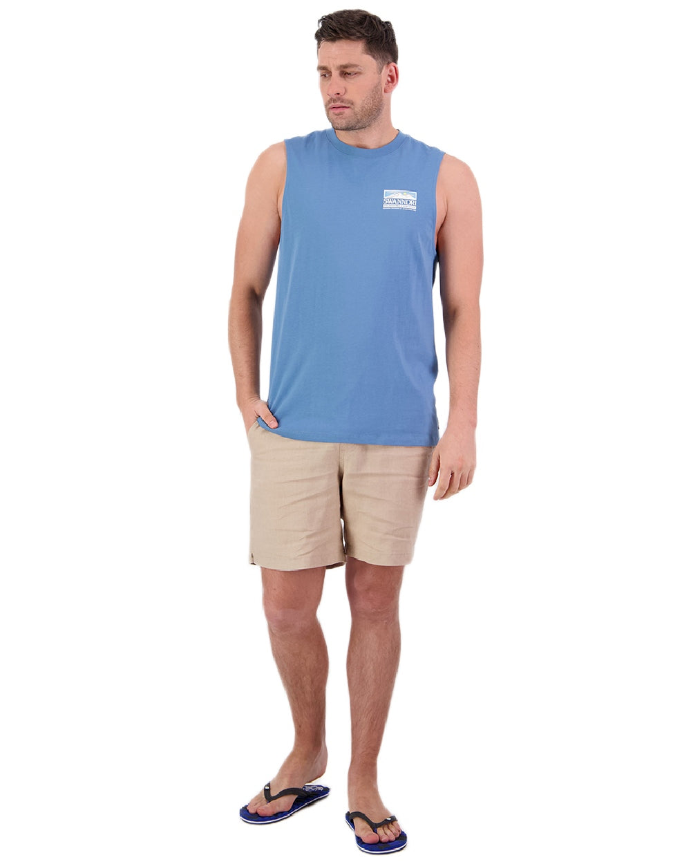 Smoke Blue Coloured Swanndri Mens Lindis Printed Tank on white background 