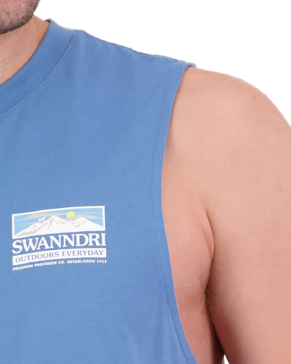 Smoke Blue Coloured Swanndri Mens Lindis Printed Tank on white background 