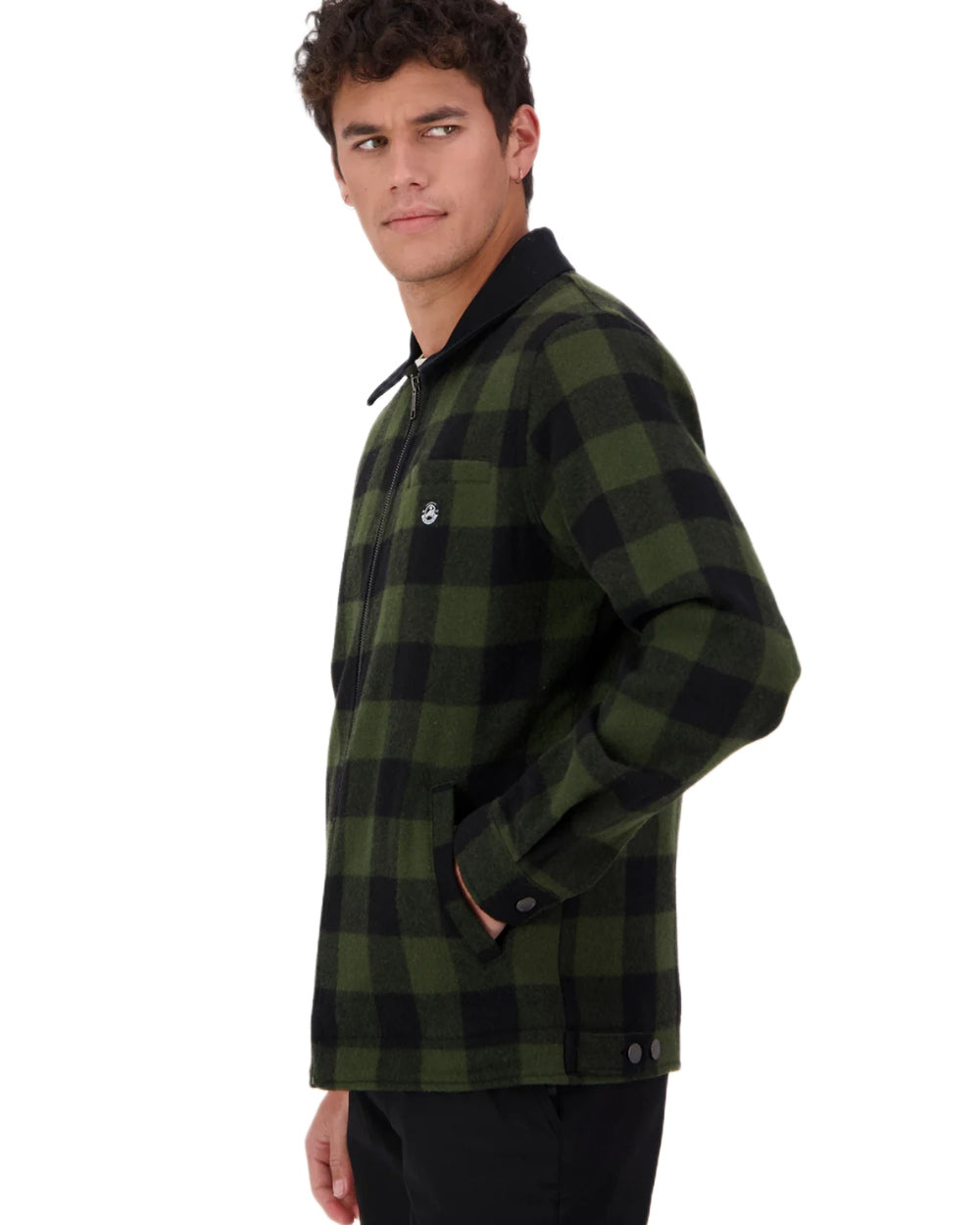Olive Black Check coloured Swanndri Mens Liverpool Wool Jacket on white background 