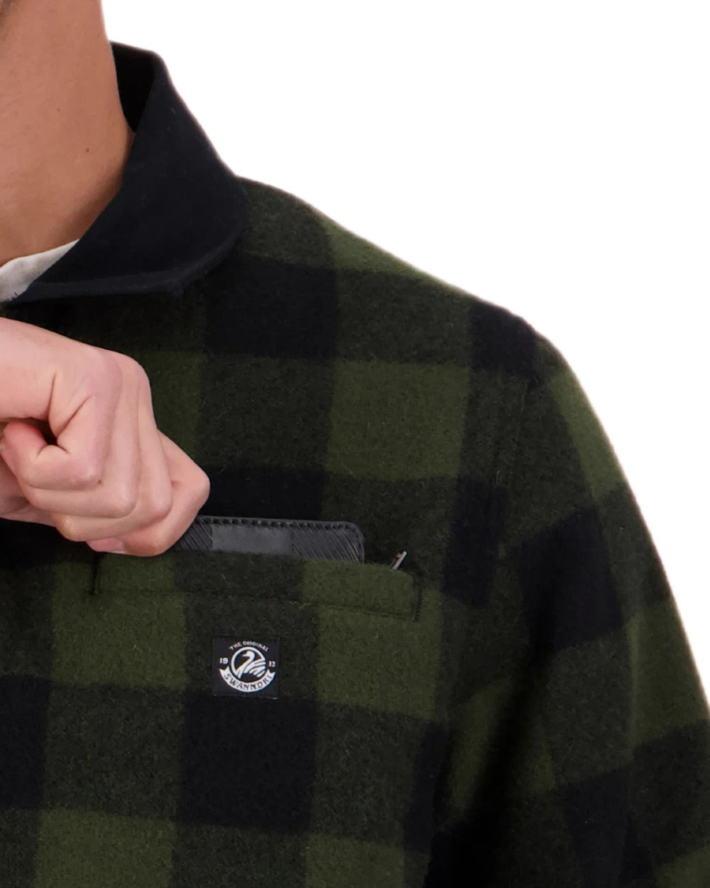 Olive Black Check coloured Swanndri Mens Liverpool Wool Jacket on white background 