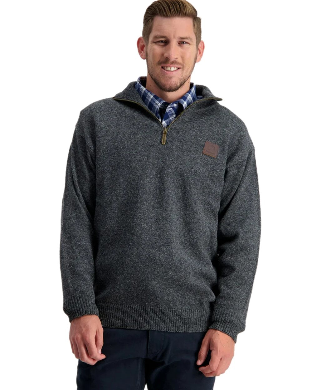Charcoal Marle Coloured Swanndri Mens Mariner Wool Zip Neck Sweater on white background 