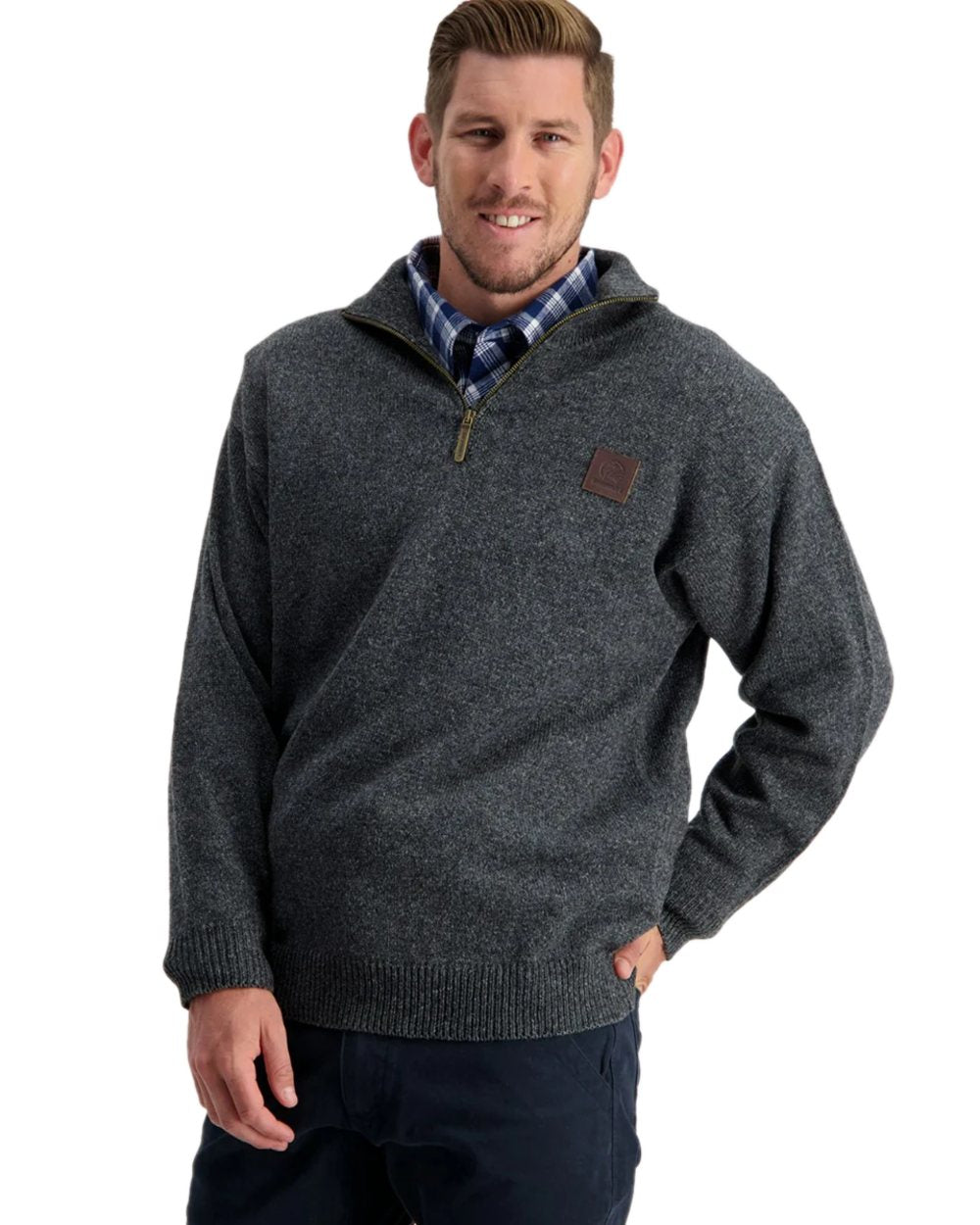 Charcoal Marle Coloured Swanndri Mens Mariner Wool Zip Neck Sweater on white background 
