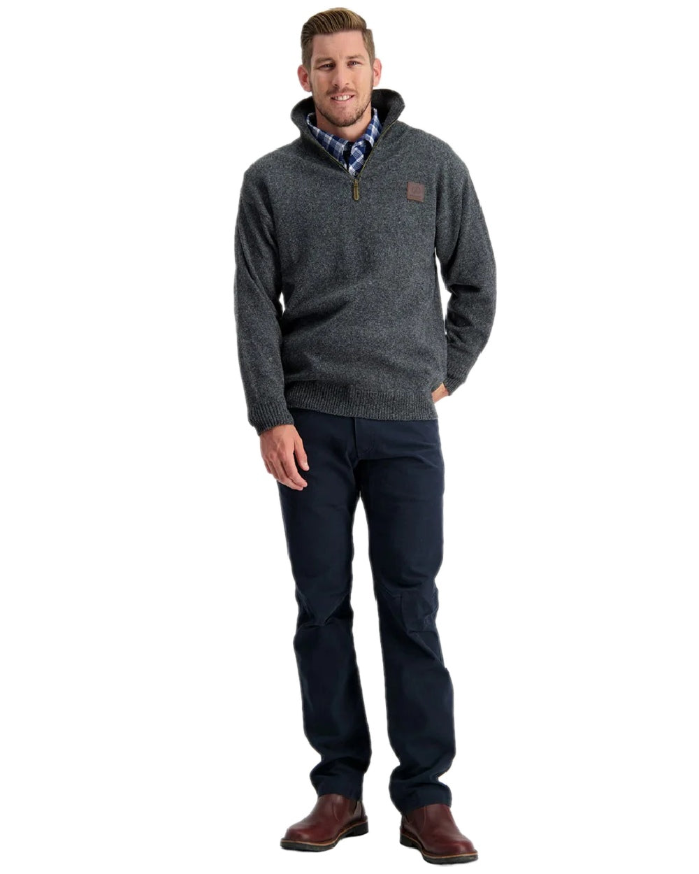 Charcoal Marle Coloured Swanndri Mens Mariner Wool Zip Neck Sweater on white background 
