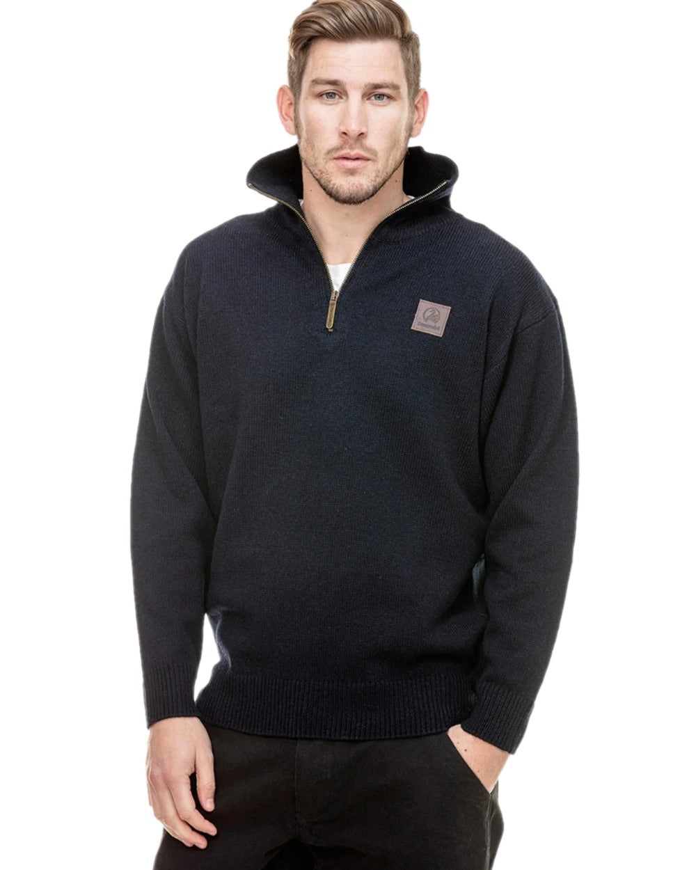 Navy Coloured Swanndri Mens Mariner Wool Zip Neck Sweater on white background 