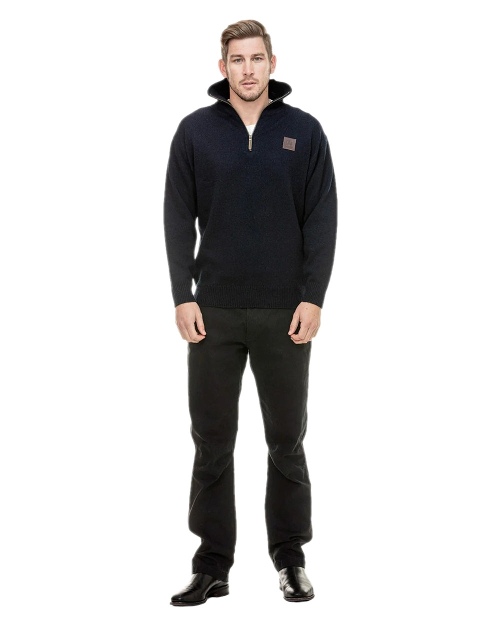 Navy Coloured Swanndri Mens Mariner Wool Zip Neck Sweater on white background 