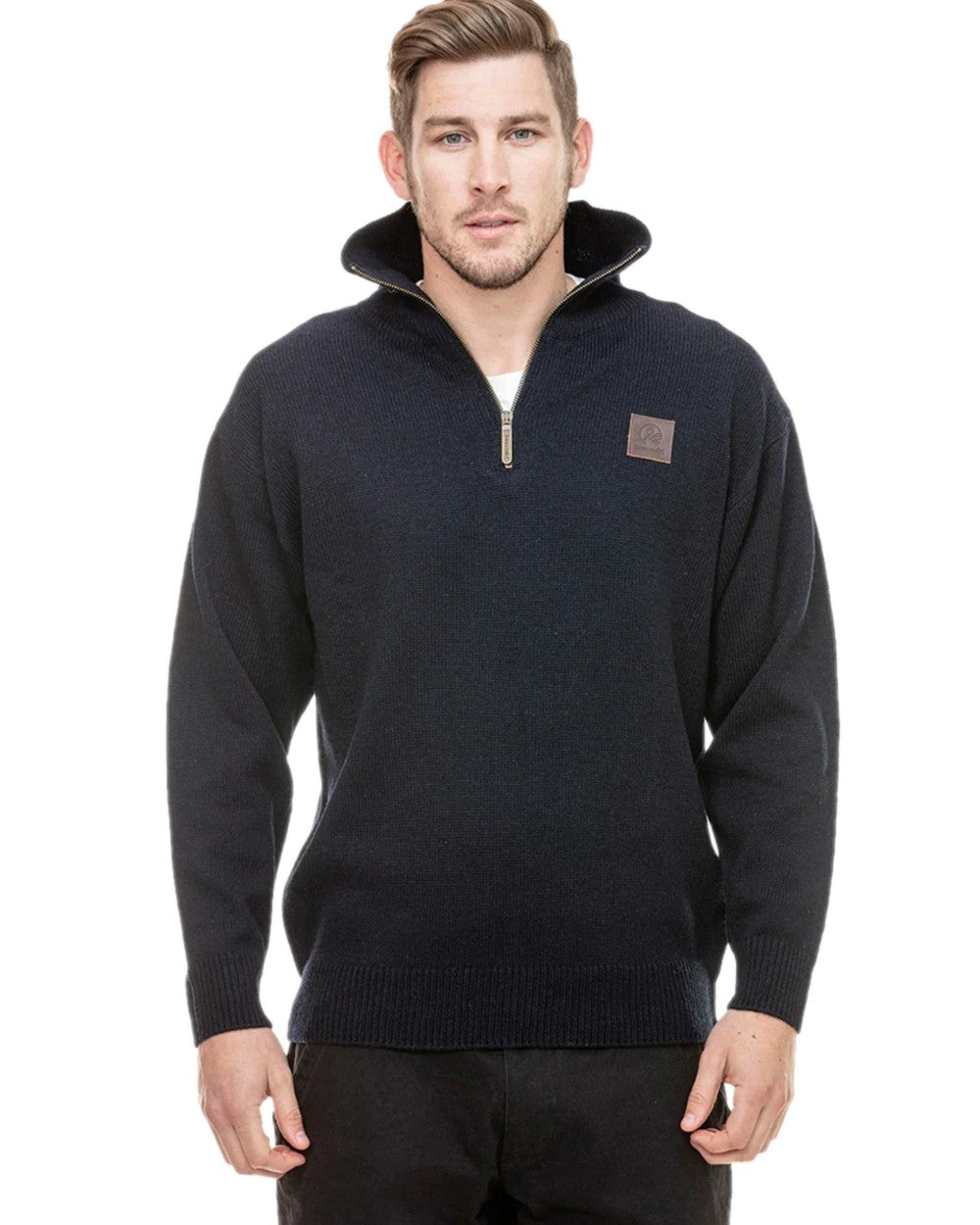 Navy Coloured Swanndri Mens Mariner Wool Zip Neck Sweater on white background 